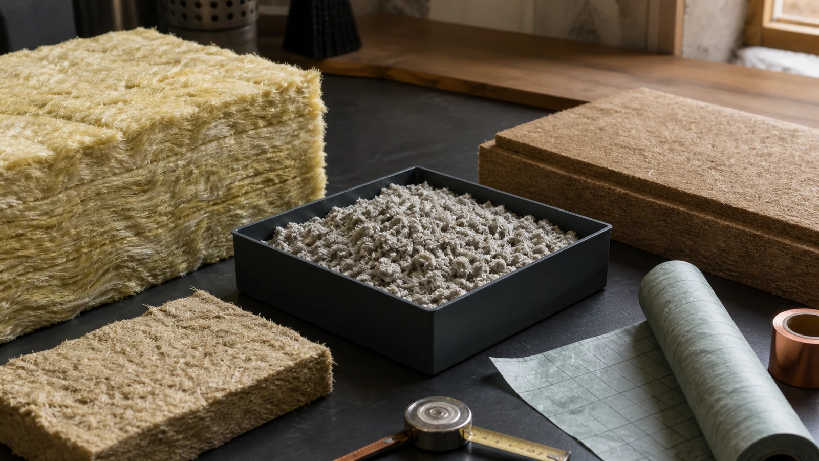 Échantillons de laine minérale, cellulose, fibre de bois et chanvre pour les combles